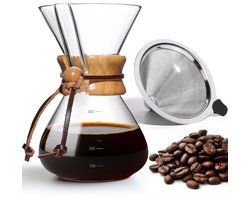 Pour Over Koffiepot met Permanent RVS koffiefilter - Slow Coffee Maker Kit - Glazen Cafetière - Koffekan Drip Gieter - Dripper Koffiemaker - Handmatig Filterkoffie koffiezetapparaat met Herbruikbaar Koffie Filter - Koffiefilterhouder V60 set - 400 ML