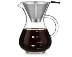 Pour Over Koffiepot met Permanent RVS koffiefilter - Slow Coffee Maker Kit - Glazen Cafetière - Koffekan Drip Gieter - Dripper Koffiemaker - Handmatig Filterkoffie koffiezetapparaat met Herbruikbaar Koffie Filter - Koffiefilterhouder set - 500 ML