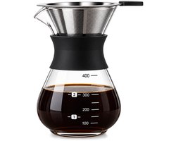 Pour Over Koffiezetapparaat 400 ml – Slow Coffee Maker met Herbruikbaar RVS Koffiefilter – Glazen Koffiekan – Handmatige Dripper voor Filterkoffie