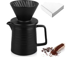 Pour Over koffiezetapparaat, 450 ml koffiefilter, porselein met mok en 100 papieren filters, keramische koffiedruppeler, handmatige koffiepot voor thuis, kantoor, outdoor, camping (zwart)