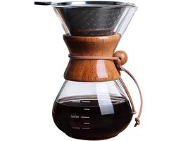 Pour Over Koffiezetapparaat met roestvrijstalen filter - 600 ml capaciteit - Thuis, kantoor, camping - Hoge hittebestendige glazen koffiepot - 4 kopjes - Duurzaam en stijlvol