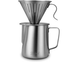 Pour Over Koffiezetapparaat Set met 100 Papieren Filters en Melkopschuimkan 600ml - Handmatige Koffiezetter voor Thuis en Camping