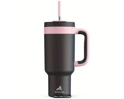 Powcan 40oz Geïsoleerde Roestvrijstalen Tumbler met Deksel & Rietje - Antislip Handvat, Wasbaar, Perfect voor Buitenactiviteiten, Kamperen, Wandelen, Stanley Style Zwart/Roos