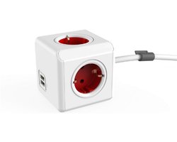 Power-Cube Extended DuoUSB DE - Stekkerkubus Met 4 Stopcontacten - 2 USB-Poorten - Bureau-Montagekit - 1-5M Kabel - Rood-Wit