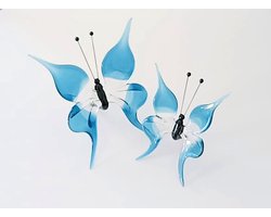 Prachtige handgemaakte vlinders van glas - blauwe glazen vlinder - decoratieve beeld figuur voor interieur - kunstwerk set 2 stuks