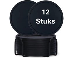 Pradeo – Siliconen Onderzetters – Voor Eettafel of Salontafel – Ronde Onderzetters Voor Glazen – Met Houder – Anti Slip – Set Van 12 – Zwart