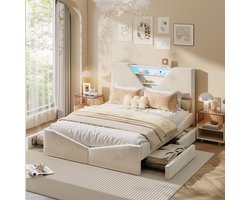 Praktisch tweepersoonsbed 140x190 cm met opbergvakken in het hoofdeinde en lades in het bedframe, voor een betere slaapkamerorganisatie, lichtbeige