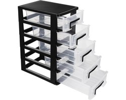 Praktische opbergkast met vijf lades voor kantoor en thuis, veelzijdige plastic organizer in zwart en transparant
