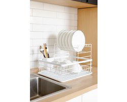 Precisie Home - Afdruiprek Wit – 2-Lagen – Met Lekbak & Bestekhouder – Modern Design – Voor Borden, Glazen & Bestek