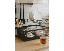Precisie Home - Afdruiprek Zwart – 2-Lagen – Met Bestekhouder & Lekbak – Stijlvol Metalen Afdruiprek Voor Borden, Glazen & Bestek