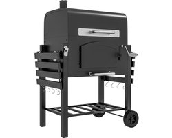 Premie 3-in-1 Houtskool Barbecue - Smoker Barbecue met Rookfunctie - Houtskoolgrill - met Verstelbaar Houtskoolcompartiment, Deksel, Handgrepen, Thermometer, Wielen - BBQ voor Kamperen, Buiten, Tuin - 124 x 66 x 112 cm - Zwart