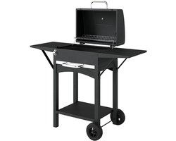 Premie Houtskool Barbecue - Smoker Barbecue - Barbecuegrill - Grillwagen - Houtskoolgrill met 2 Bijzettafels, Groot Grilloppervlak, Deksel, Thermometer, Planken - Verplaatsbaar - BBQ voor buiten, tuin - Zwart