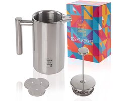 Premium 1 liter French Press van roestvrij staal - isolerende werking - dubbelwandige constructie en schaalverdeling - inclusief 3 reservefilters