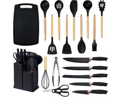 Premium 19-Delige Keukenset in Zwart - Compleet Messenset + Siliconen Kookgerei met Houten Houder | BPA-Vrij & Ovenbestendig tot 220°C | Modern Keukenaccessoire