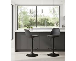 Premium 360° Draaibare Barkruk Set van 2 – Hoogwaardige Kunstleren Barstoel met Rugleuning en Voetensteun – Verstelbare Keukenkruk, Huisbar & Eetkamer Stoel – Zwart | MedahoMeStore