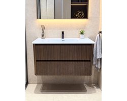 Premium Badkamermeubel 90 cm Walnootlook – Wastafel met Onderkast – Geribbeld Front – 2 Softclose Lades – Compact Design