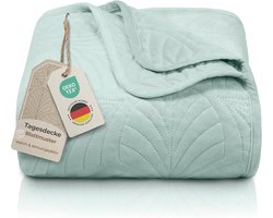 Premium Bedsprei 170x210 cm – Zachte Fluwelen Sprei met Bladmotief – Kreukvrij & Onderhoudsvriendelijk – Voor Bed & Bank – Mintgroen