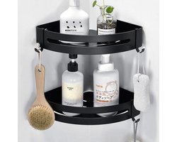 Premium Doucherek Hangend zonder Boren - Douche Rekje Hoek - 2 Losse Lagen - Badkamer Accessoires - Zwart - RVS