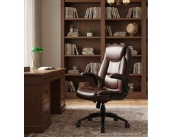 Premium Ergonomische Bureaustoel Leer – Luxe Directiestoel met Hoge Rugleuning, Opklapbare Armleuningen, Verstelbare Rugleuning (103–120°), Kantelmechanisme & 360° Draaibaar – Bruin Depauwwonen