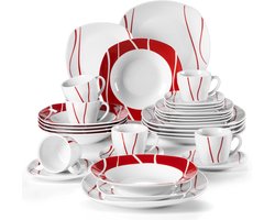Premium Goods - Porselein - 30 delig - 6 persoons - dinner platen - Kommen - Bordenset - Porselein - Mokken - Schaaltjes - Dessertborden - Rood/wit