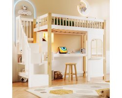 Premium - Hoogslaper - LED-verlichting - Opbergruimte - Bureau - Wit - Naturel - Scandinavisch design - Geschikt voor kinderkamer - Hoogslaper met bureau en opbergruimte - Wit en naturel - 90x200 cm - Modern design - LED-verlichting - Opbergvakken