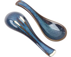 Premium - Japanse stijl keramische blauwe soepkommen met soeplepel - Set van 2 - Retro design - Voor ramen, soep en desserts - Creatieve porseleinen lepels - Dagelijks en gezinsgebruik