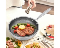 Premium Kookgerei - Koekenpan - RVS - 28/32 CM - Gas Inductie Keramische Fornuis - Wok Pan - Geschikt voor Keuken - Roestvrij Staal - Compatibel - 410 - Alle Kookbronnen - Grijs Zilver Kleur - Koken - Bakken - Braden - Beste Kwaliteit