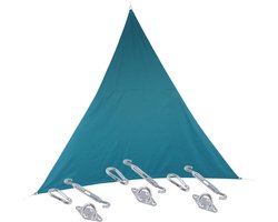 Premium kwaliteit schaduwdoek/zonnescherm Shae driehoek blauw 4 x 4 x 4 meter - inclusief bevestiging haken set