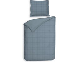 Premium luxe katoen/satijn dekbedovertrek Squares blauw | eenpersoons (140x200/220) | zacht en hoogwaardig | subtiel glazend | oxford-rand | inclusief 1 kussensloop