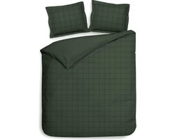 Premium luxe katoen/satijn dekbedovertrek Squares donker groen | tweepersoons (200x200/220) | zacht en hoogwaardig | subtiel glazend | oxford-rand | inclusief 2 kussenslopen