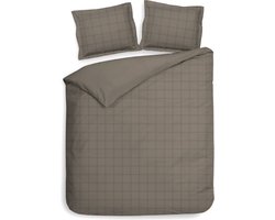 Premium luxe katoen/satijn dekbedovertrek Squares taupe | extra breed (260x200/220) | zacht en hoogwaardig | subtiel glazend | oxford-rand | inclusief 2 kussenslopen