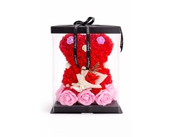 Premium Rode Rozenbeer met Roze Rozen – Luxe Cadeau in Transparante Box – 28 cm duurzaam Cadeau voor Valentijn, Moederdag & Verjaardag
