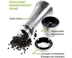 Premium roestvrijstalen zeezout- en pepermolenset van 2 - Verstelbaar keramisch - Hoge glazen zout- en peperstrooiers - Keukenkruidenmolens