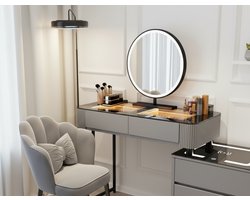 Premium Schminktisch mit Beleuchtung, Bluetooth & Kabelloser Ladestation – Frisiertisch mit Spiegel, Stuhl & 5 Schubladen – Moderner Kosmetiktisch 100 cm in Grau für Schlafzimmer & Ankleidezimmer HomeByNicole