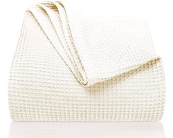 Premium sprei 220 x 240 cm XXL - wafelpiqué 100% katoen - lichte woondeken wafellook - katoenen deken bed-sprei, bankovertrek - bankdeken (crème)