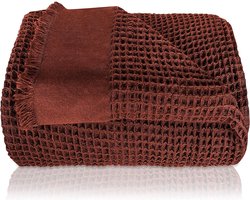 Premium sprei met franjes, 180 x 240 cm, warme wafelpiqué knuffeldeken, 100% katoen, woondeken, katoenen deken als bedsprei, sprei, sprei, deken, bank, bank (terracotta)
