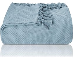 Premium sprei met handgeknoopte franjes - 100% katoen - 200 x 220 cm XXL - wafelpiqué zomerdeken - katoenen deken als bedsprei, bankovertrek & bankdeken (lichtblauw)