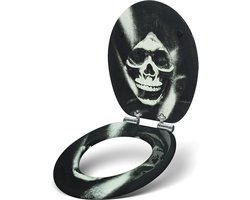 Premium toiletbril met softclose-mechanisme, hoogwaardig toiletdeksel van hout, vele kleurrijke motieven, hoog zitcomfort, eenvoudige montage, Skull