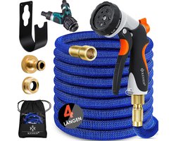 Premium tuinslang - verlengde muurbevestiging - flexibele waterslang met 3-weg - latex kern rekbaar - flexibele slangschroefverbindingen - gemaakt van hoogwaardig messing - 22,5 meter - Blauw