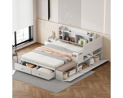 Premium Tweepersoonsbed met Geïntegreerde Opbergruimte en Opbergbank - Massief Hout - Wit - Ruime Laden - Slaapkamer Meubel - Bedframe 140x200 - Modern Design - Luxe Uitstraling