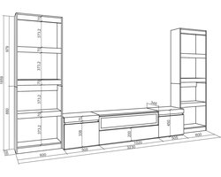 Premium Wandmeubelset met LED Sfeerhaard – 320 cm | Voor TV’s tot 80 inch | Boekenkast + Opbergruimte | Eiken/Zwart | Modern Design
