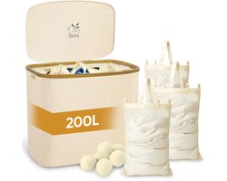 Premium Wasmand 3 Vakken XXL - Laundry basket - 200L - Wassorteerder - Wasmand met deksel - Met 3 Uitneembare Zakken - Extra grote capaciteit - Beige - Knopen - incl Drogerballen