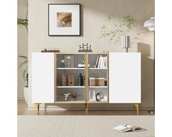 Premium - Witte 4-deurs sideboard zonder grepen - glazen fronten - woongedeelte - gouden poten - opbergkast - woonkamer of slaapkamer - modern design met metaalframe​