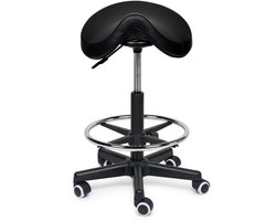 Premium Zadelkruk / Kapperskruk Zwart – Ergonomische Zadelstoel met 4 cm Koudschuim Zitting In Hoogte Verstelbaar - Laag (40-57cm) / Met voetsteun / Standaard wielen