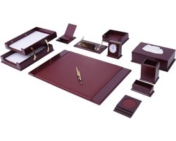 Prestige Houten Bureau Set - Lederen bureau set - BORDEAUX ROOD - 12 delige - Bureau accessoires Set - 12 Accessoires - Office Desk Organizer Set - handgemaakte lederen bureau set - Manager Gift