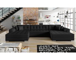 Prestigieuze U-hoekbank - hoekbank met slaapfunctie - zwart - zwart eco-leer - grote hoekbank - breedte 359 cm