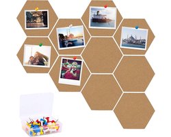 Prikbord kurk, 10 stuks, zelfklevende zeshoekige kurkplaat, doe-het-zelf wanddecoratie met 50 stuks kleurrijke pushpins kurkprikborden, memobord, kurkbord, decoratie voor foto's, notities,