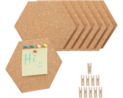 prikbord kurk - set van 14 - 17,5x20x0,5 cm - mini hexagon - met punaises en knijpertjes