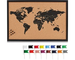 Prikbord wereldkaart - met 20x punaise vlaggetjes - gekleurd - 60 x 40 cm - kurk - waar ben je geweest? - waar wil je nog heen?