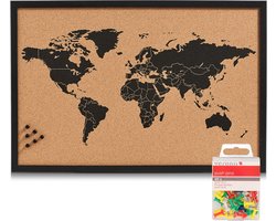Prikbord wereldkaart met 40x punaises gekleurd - 60 x 40 cm - kurk